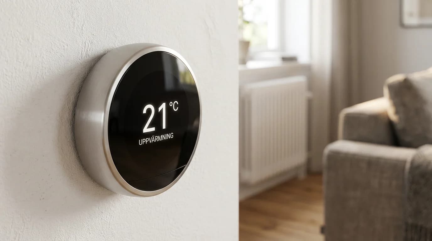 Smart termostat i ett hem som styr värmen energieffektivt.