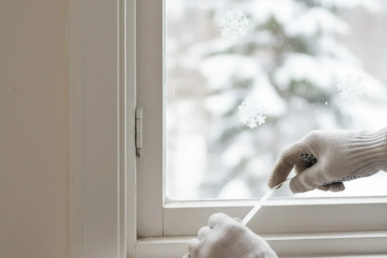 Handskbeklädda händer tätar ett fönster med tejp för att förbättra isolering; snöiga träd och snöflingor syns utanför, ett av många enkla knäp för bättre isolering vinter.