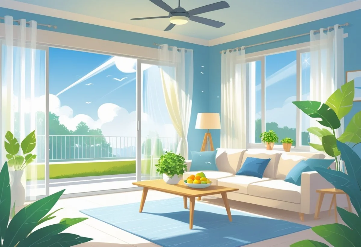 Ljust, luftigt vardagsrum med växter, en vit soffa och stora fönster som släpper in solljus och utsikt utomhus.