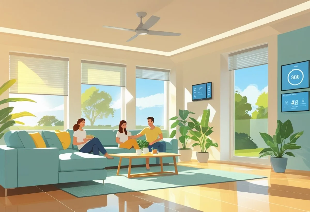 Tre personer sitter och pratar i ett ljust, modernt vardagsrum med stora fönster och krukväxter.